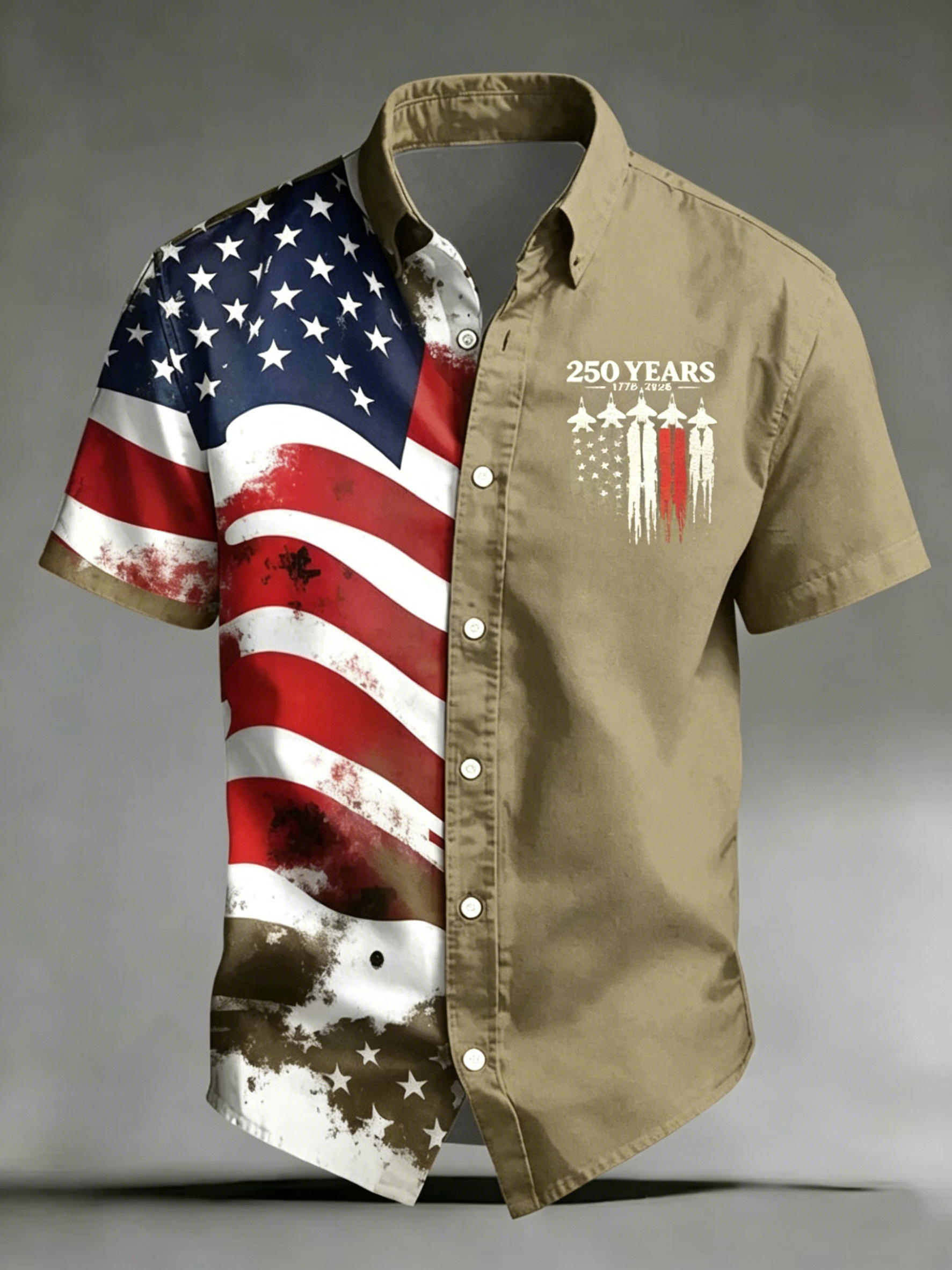 Patriotic USA Flag & Jet Print Casual Shirt, Vintage Split Design Short Sleeve Top
