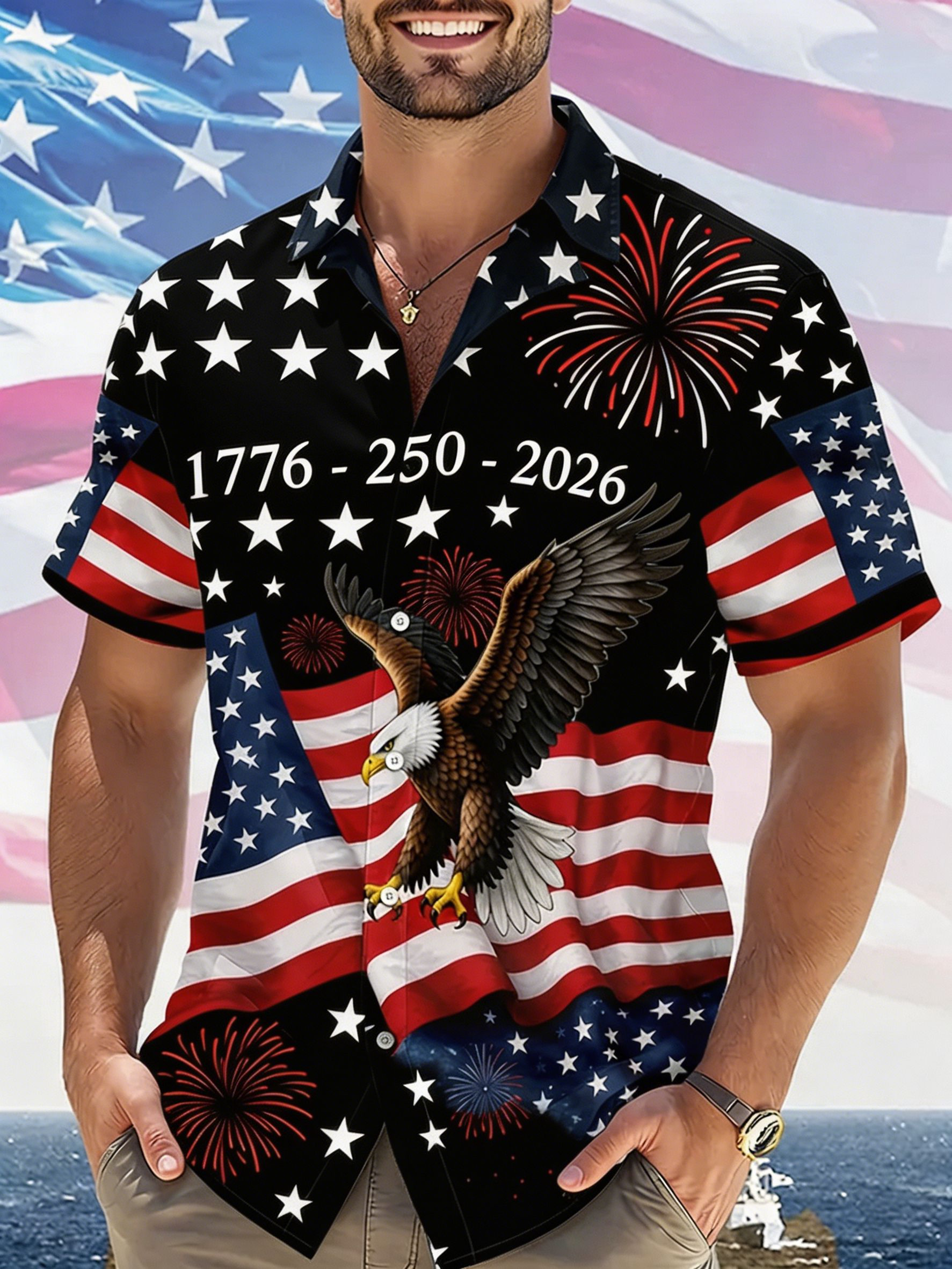 Patriotic USA Eagle Flag Print Camp Collar Shirt, Star & Firework Casual Aloha Shirt