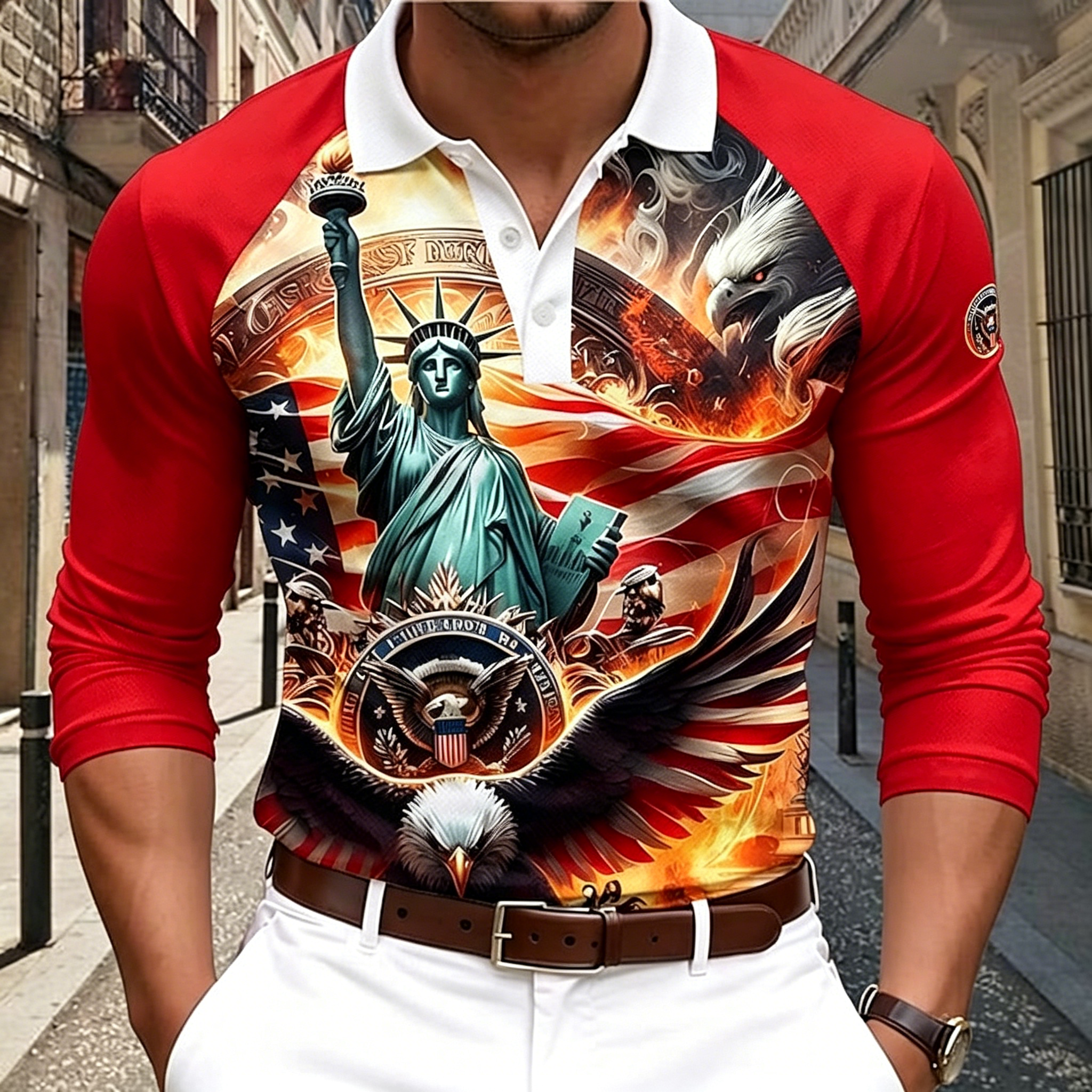 Vintage Flame USA Flag Eagle Print Three Quarter Sleeve Performance Polo Shirt