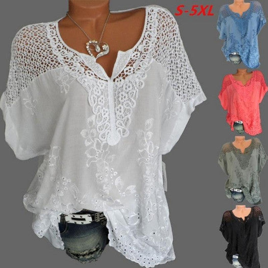 (S-6XL) Women's lace V-neck embroidered short sleeve Batwing