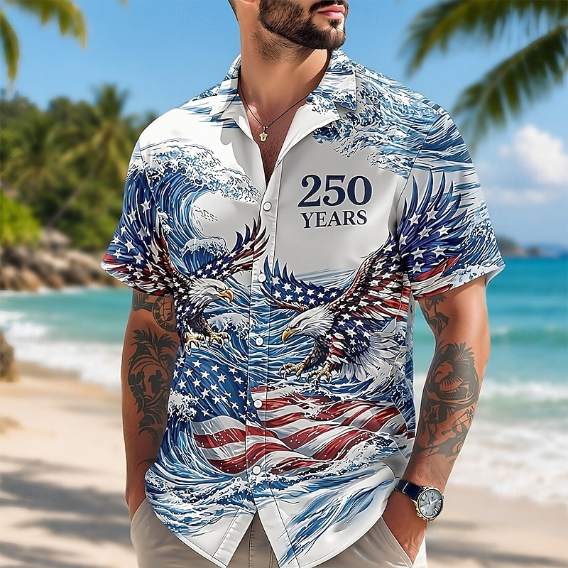 Men Patriotic Double Eagle Ocean Wave USA Flag Print Hawaiian Short Sleeve Shirt
