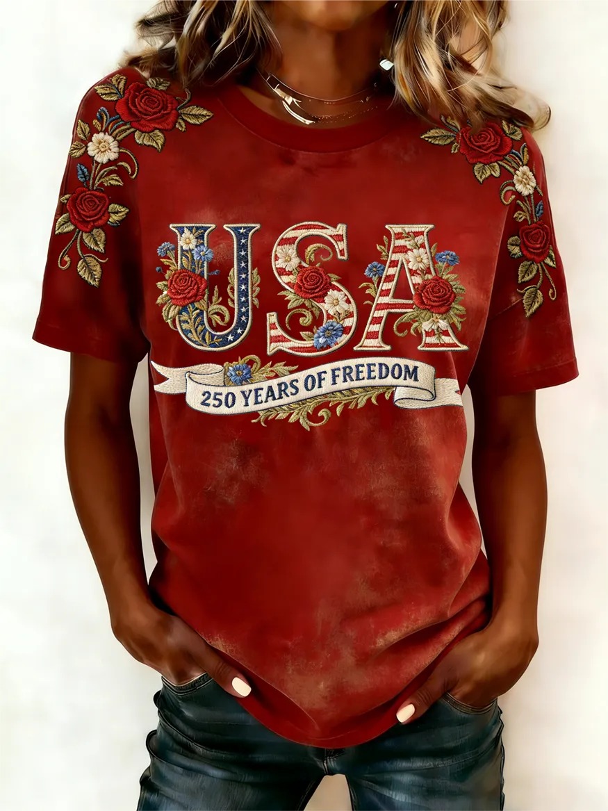 Women's USA 250th Anniversary "Floral Embroidered" Vintage Crewneck T-Shirt
