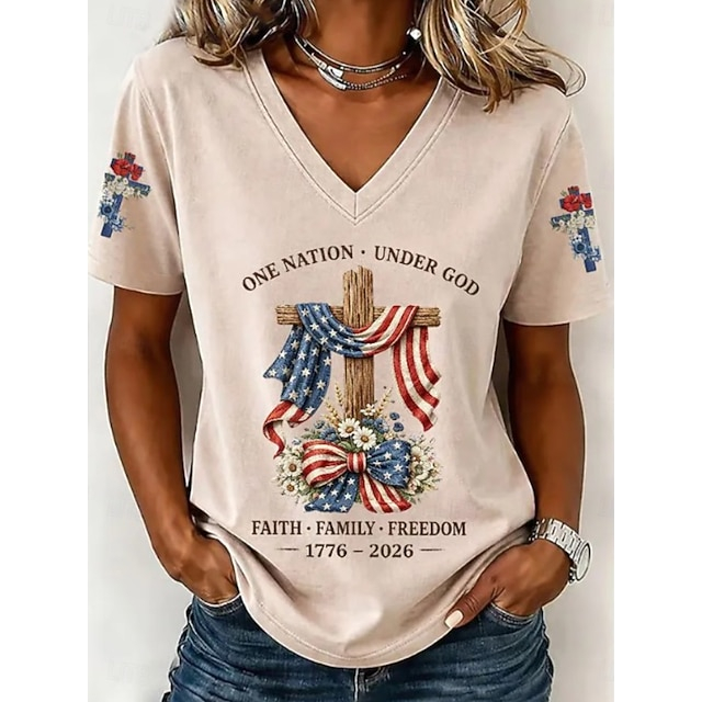 Patriotic Christian One Nation Under God Cross Floral Sleeve V-Neck Women Casual Summer Tee