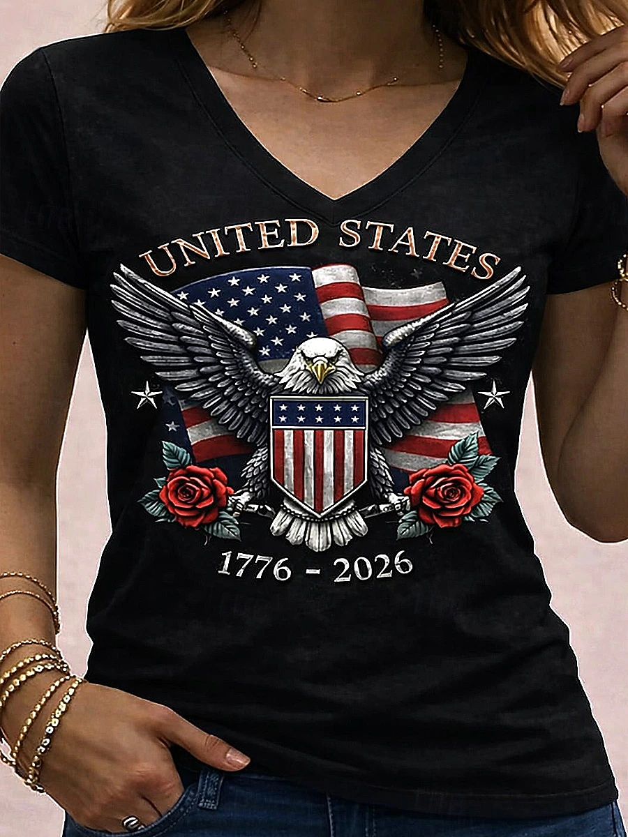 USA Patriotic Eagle & Rose Print T-Shirt, Women’s V-Neck Short Sleeve Tee
