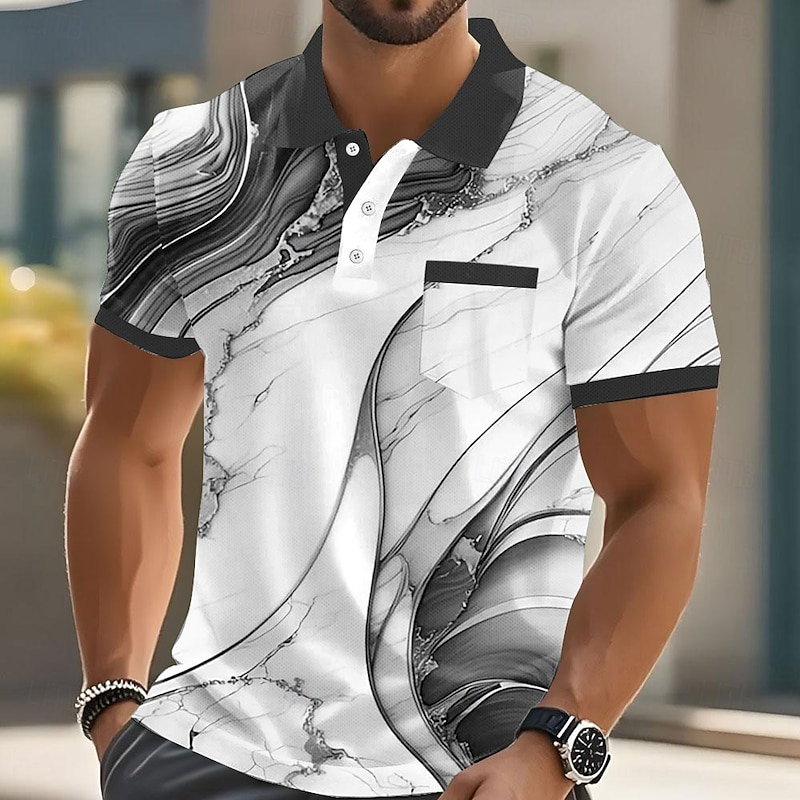 Luxury Gold Foil Marble Graphic Polo Shirt, Color Block Collar Pocket Design Daily Outdoor Fashion Top