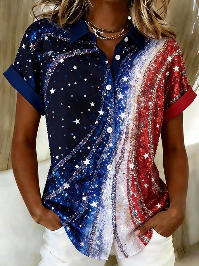 USA 250th Anniversary Patriotic Shirt, Short Sleeve Casual Button Down Blouse