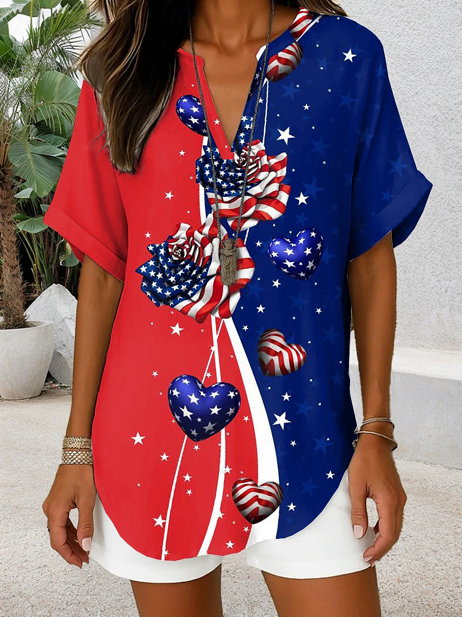 Vintage Distressed USA Flag Short Sleeve Curved Hem Ladies 4th Of July Tunic Top