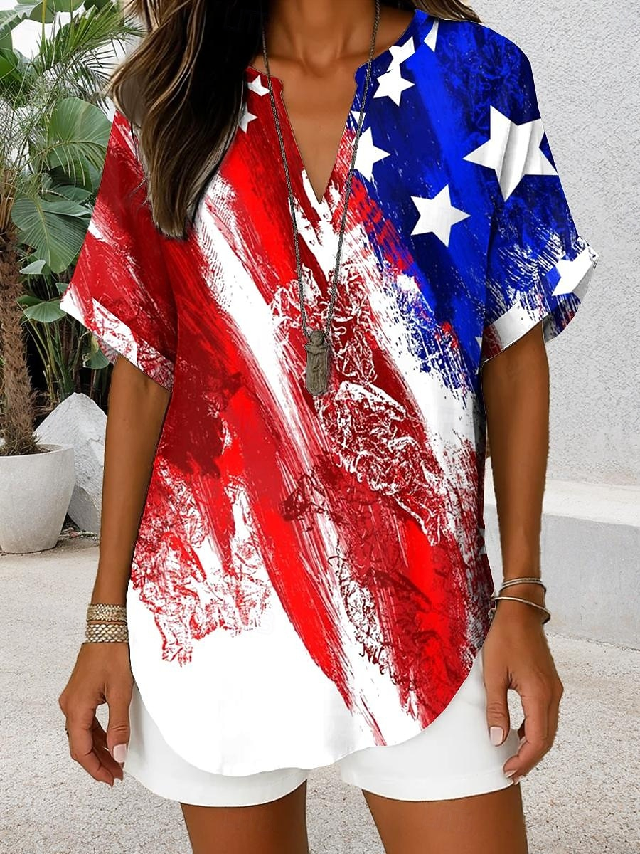 Vintage Distressed USA Flag Short Sleeve Curved Hem Ladies 4th Of July Tunic Top