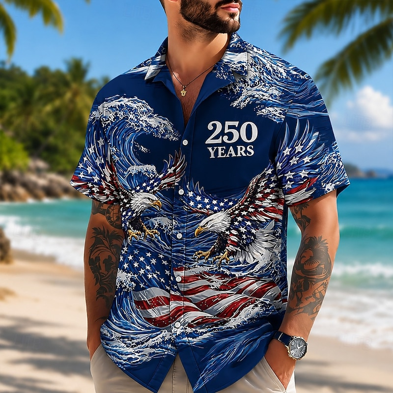 Men Patriotic Double Eagle Ocean Wave USA Flag Print Hawaiian Short Sleeve Shirt