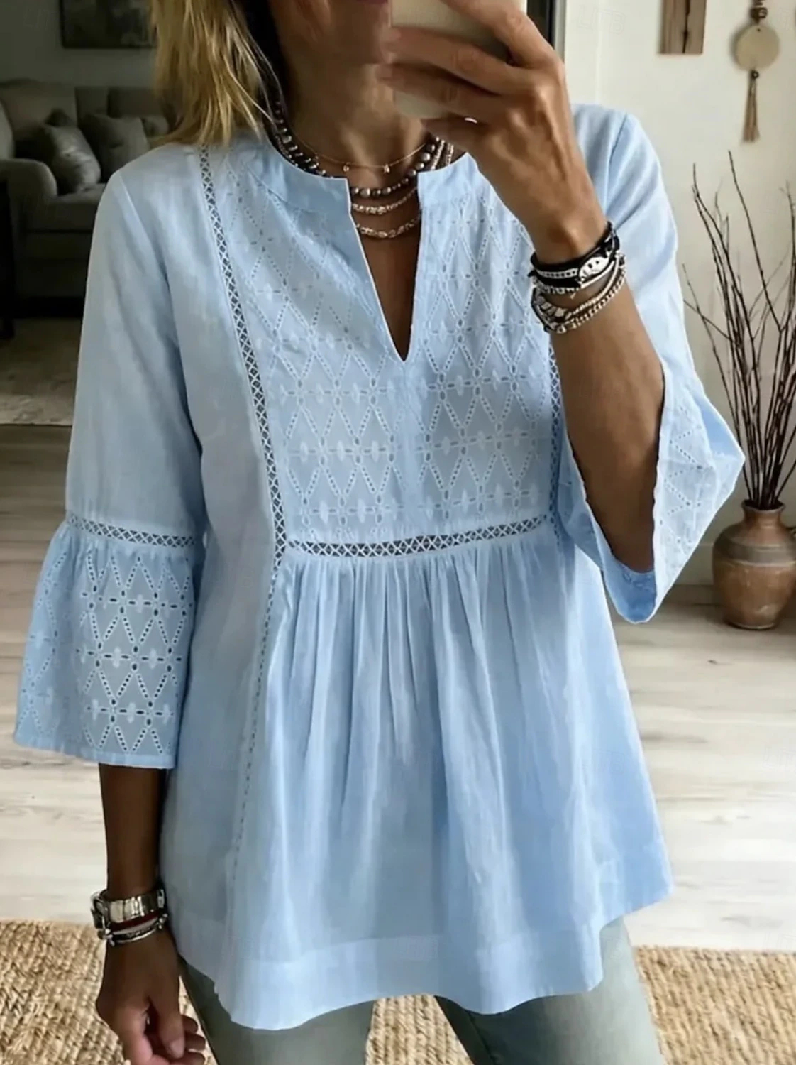 French Countryside Retro Eyelet Embroidery Women Tunic Tops, V Neck Lace Trim 3/4 Bell Sleeve Pleated Loose Casual Blouses