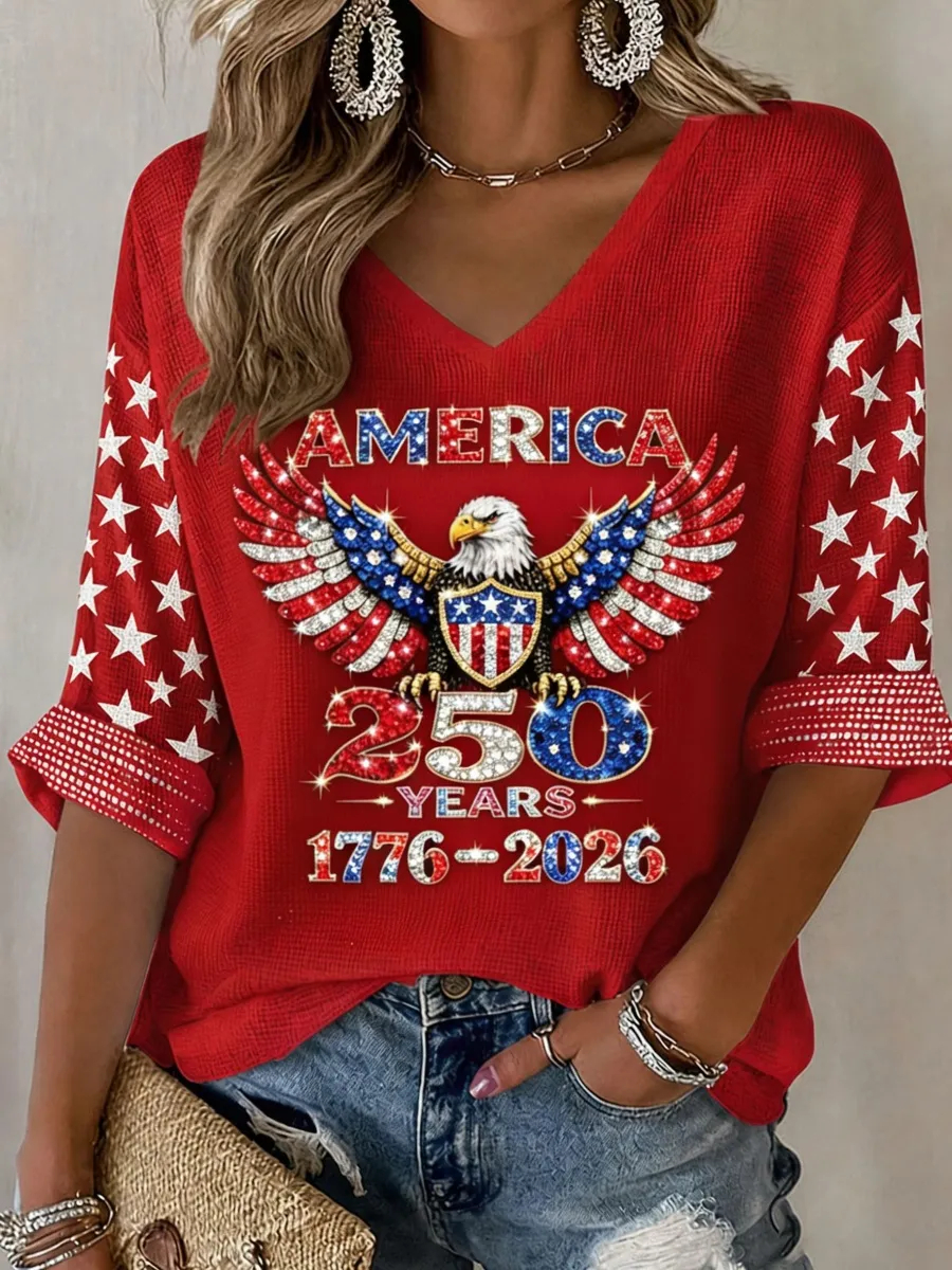 USA Eagle Patriotic Graphic V Neck Loose Fit Women Holiday Short Sleeve Tee