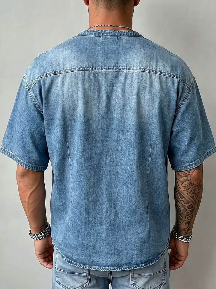 Outdoor Daily Casual Distressed Denim Pocket Henley Short Sleeve Shirt For Men