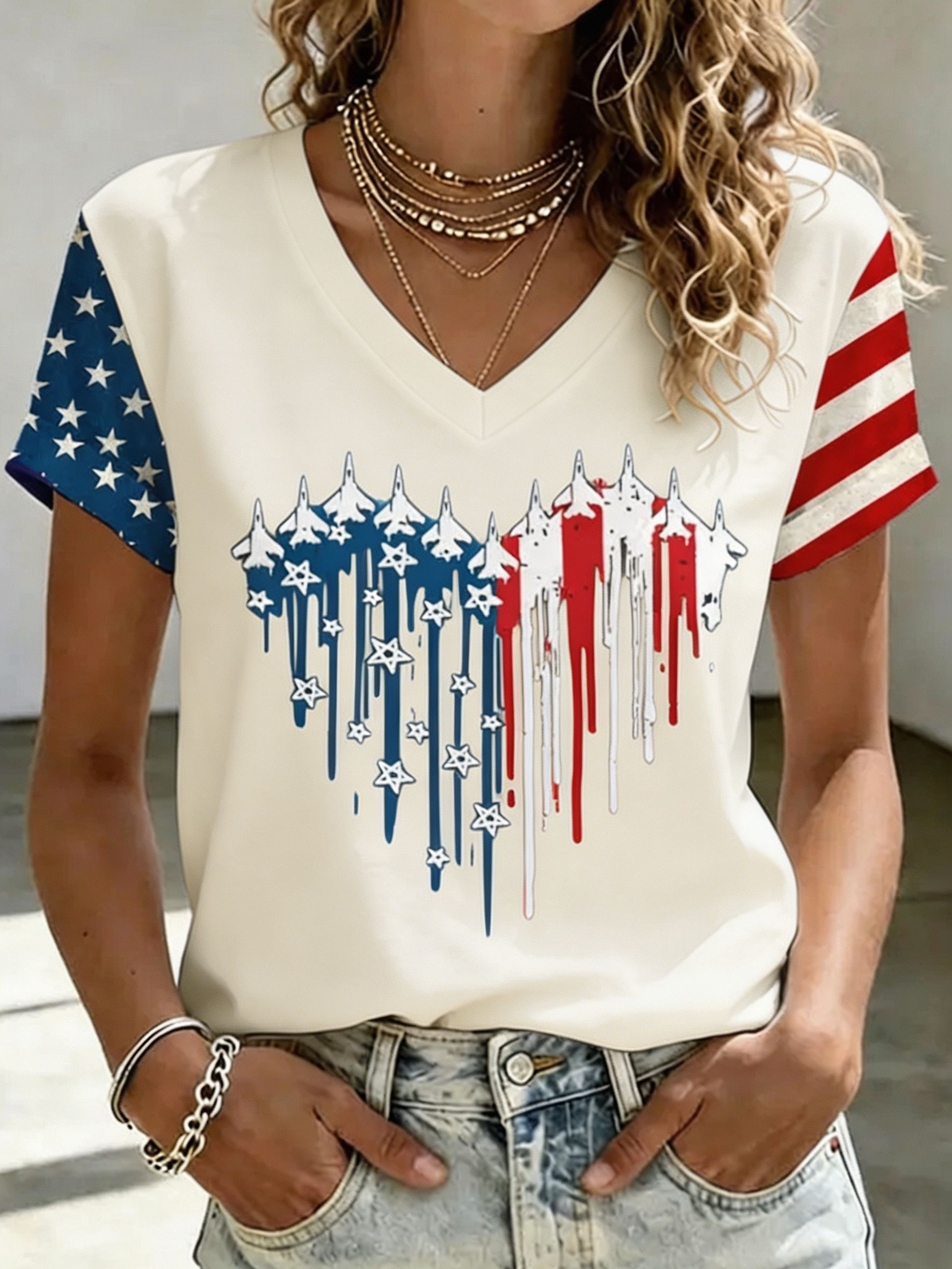 Patriotic USA Jet Flag T-Shirt, Star & Stripe Sleeve V-Neck Casual Top