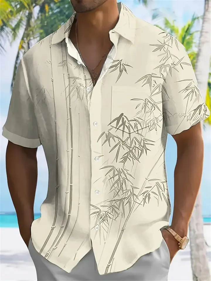 Minimal Ink Wash Bamboo Pattern Casual Shirt for Men, Breathable Relax Fit Daily Travel Holiday Short Sleeve Blouse