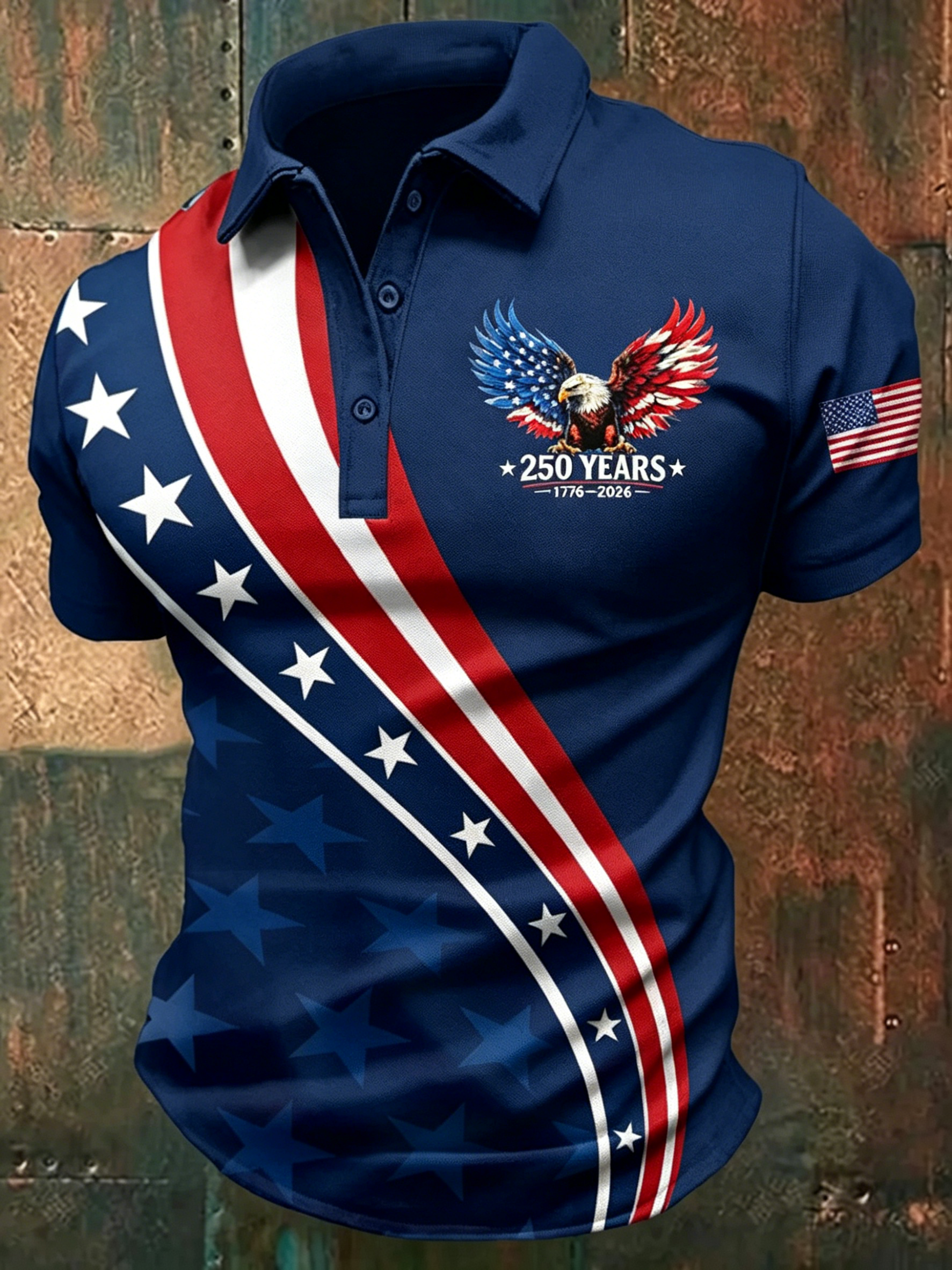 American Eagle Flag Print Polo Shirt, Patriotic Star Stripe Design Casual Short