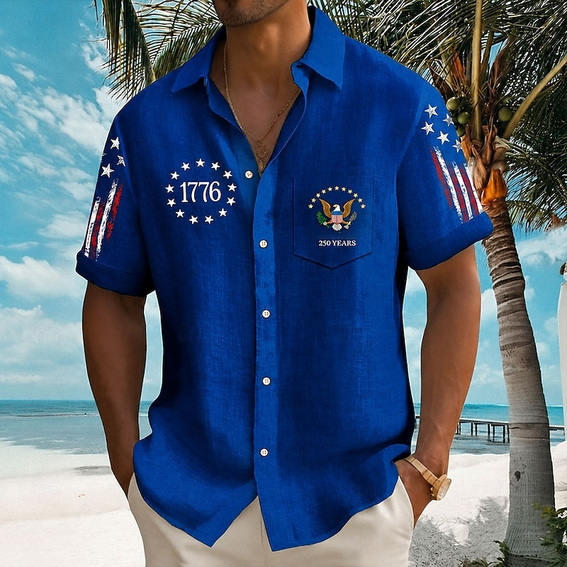 Lapel Collar Chest Pocket Curved Hem Men Shirt Textured Linen Fabric 1776 Eagle Seal Star Flag Patriotic Casual Top