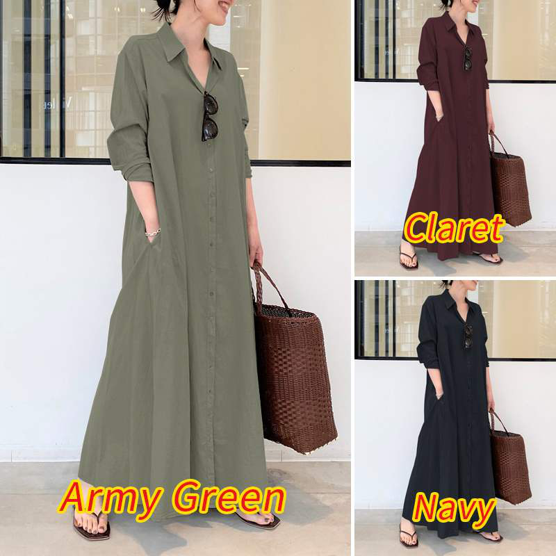 (S-5XL) Insert pocket, straight loose casual cotton dress