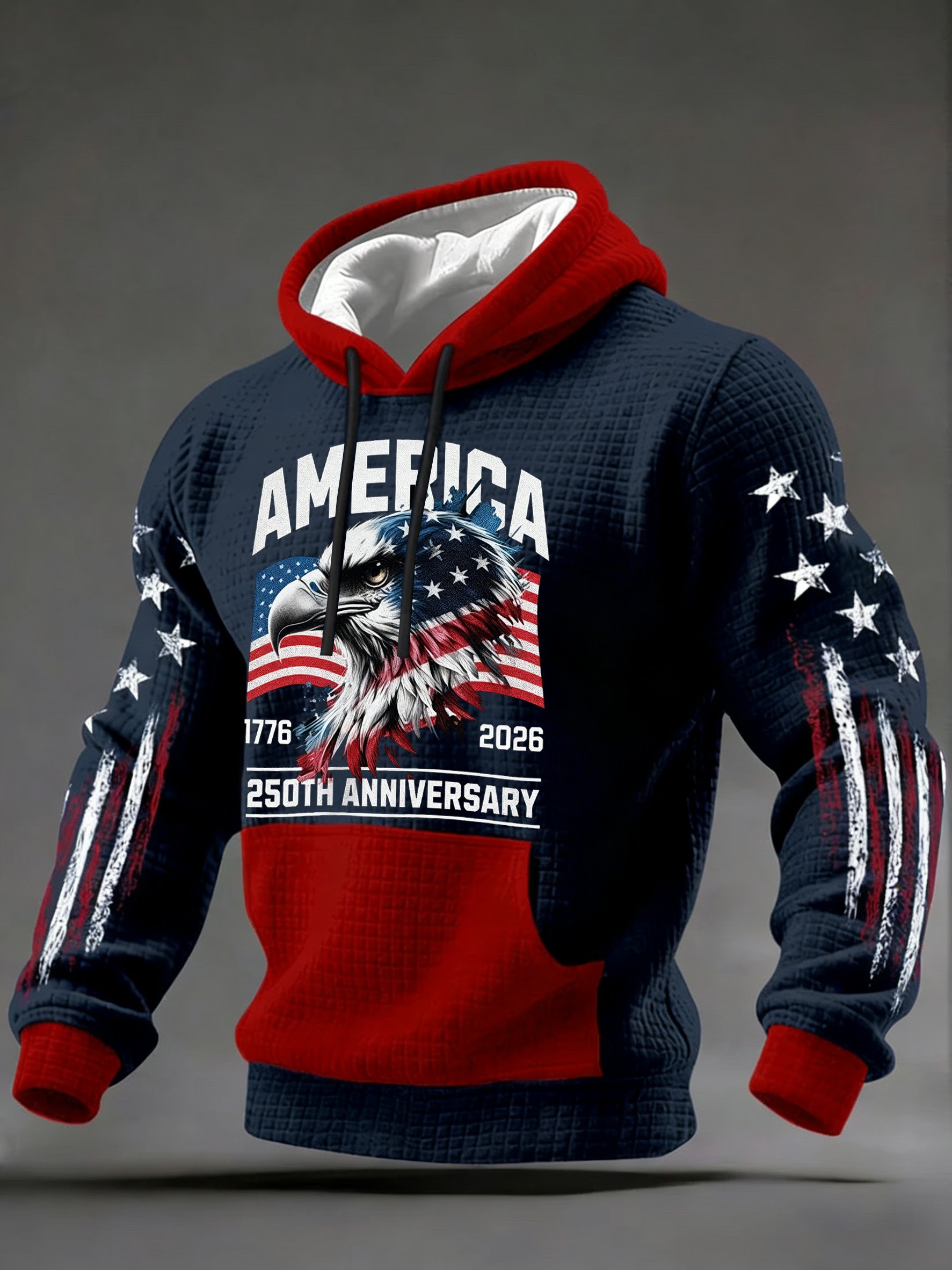 Men’s USA 250 Years Strong Waffle Knit Hoodie – Patriotic Eagle & Flag Print Pullover
