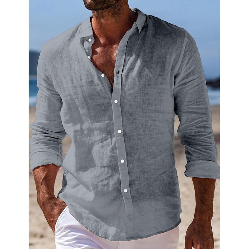 Men's Linen Button-Up Shirt - Summer Beach Casual Shirt