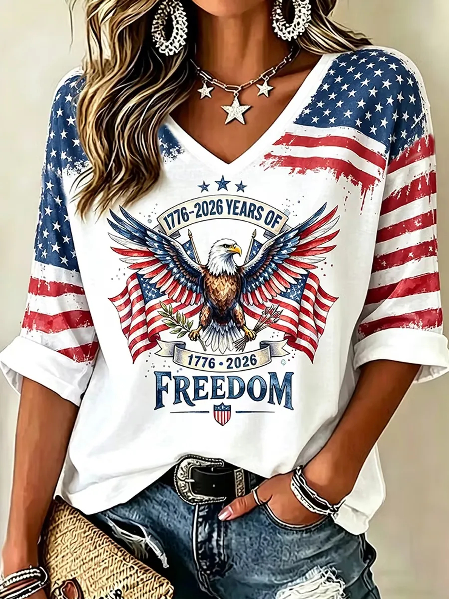 Distressed Brushstroke US Flag Eagle Graphic Loose Fit Ladies 3/4 Sleeve V Neck Soft Casual Summer T-Shirt