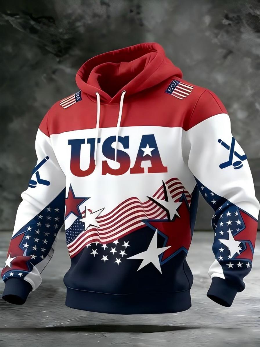Men's USA Flag & Star Print Hoodie, Patriotic Red White Blue Hockey Graphic Long Sleeve Pullover