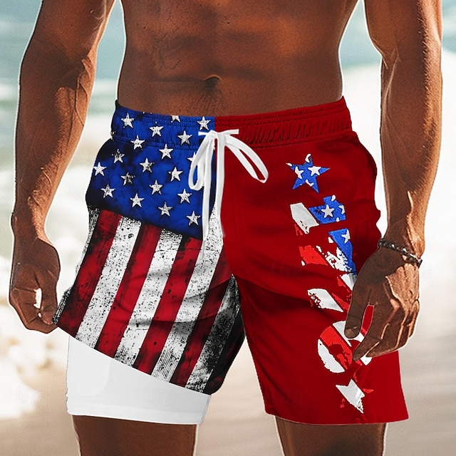 [Copy]Independence Day Men's 4th of July U.S. 250th Anniversary US Flag Patriotic Lined Shorts 2 in 1 Board Shorts