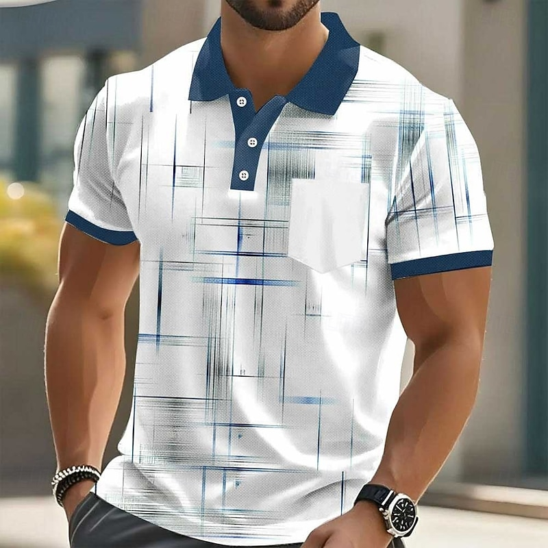 Mens Trendy Cross Line Pattern Polo T-Shirt, Contrast Trim Collar Short Sleeve Breathable Casual Golf Shirts for Weekend Vacation