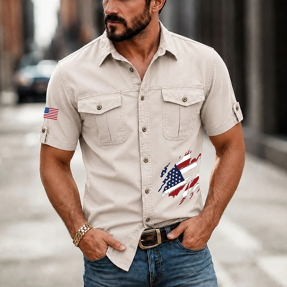 Men Distressed Ripped American Flag Short Sleeve Dual Pocket Cargo Shirt