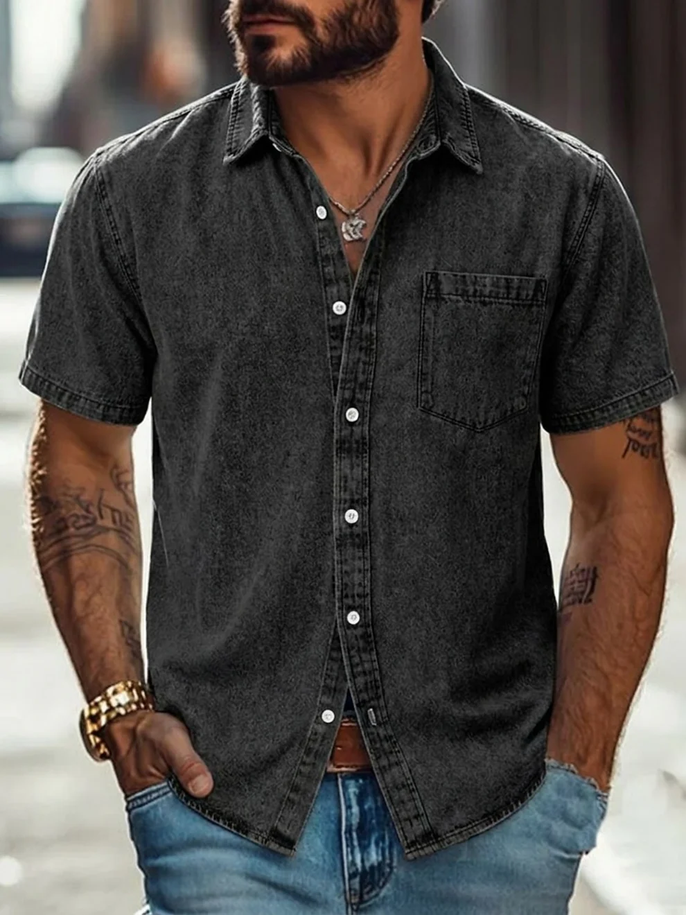Rugged Washed Casual Denim Shirt With Chest Pocket