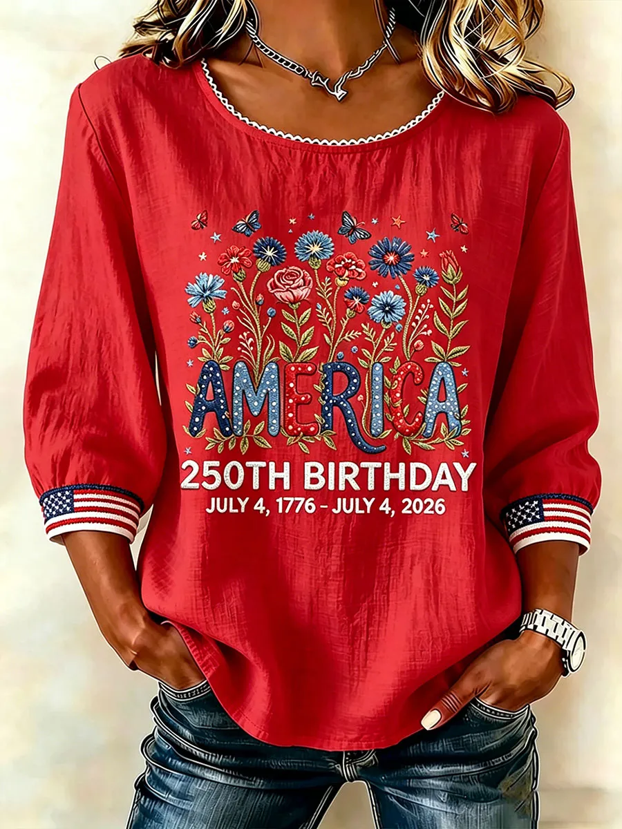 Women Floral Butterfly America 250th Birthday Patriotic 3/4 Sleeve Lace Neck Blouse