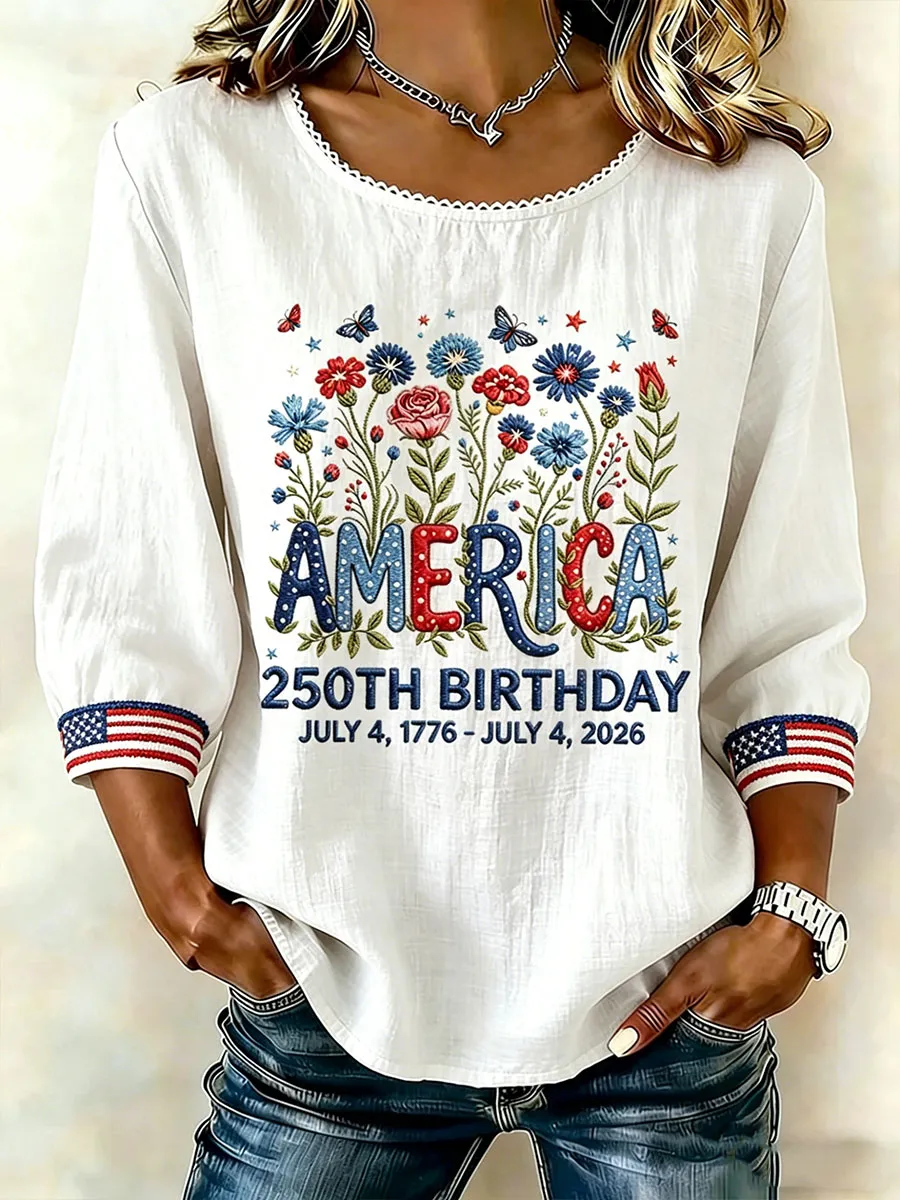 Women Floral Butterfly America 250th Birthday Patriotic 3/4 Sleeve Lace Neck Blouse
