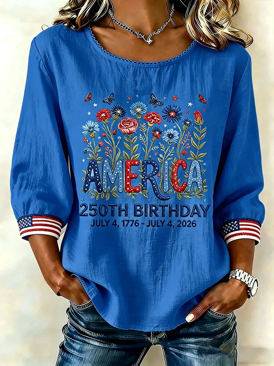 Women Floral Butterfly America 250th Birthday Patriotic 3/4 Sleeve Lace Neck Blouse