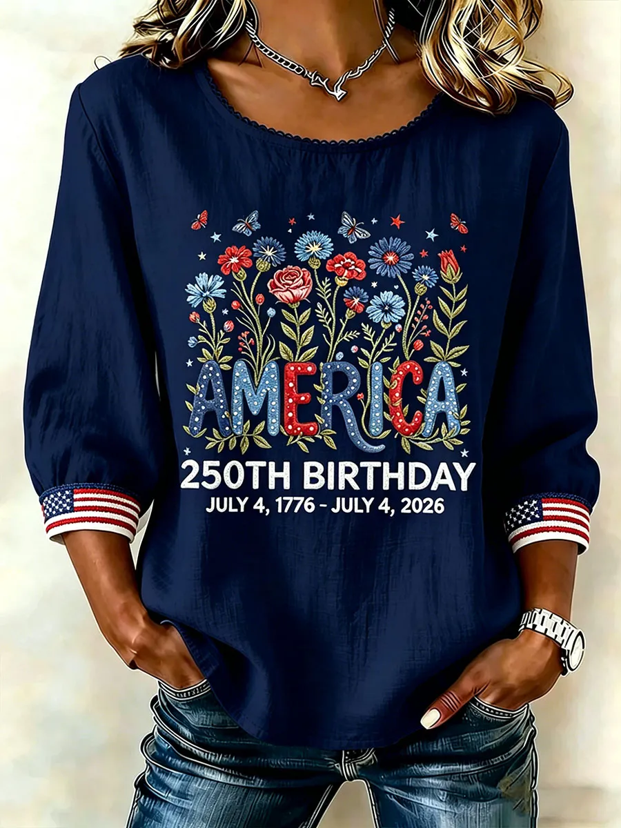 Women Floral Butterfly America 250th Birthday Patriotic 3/4 Sleeve Lace Neck Blouse