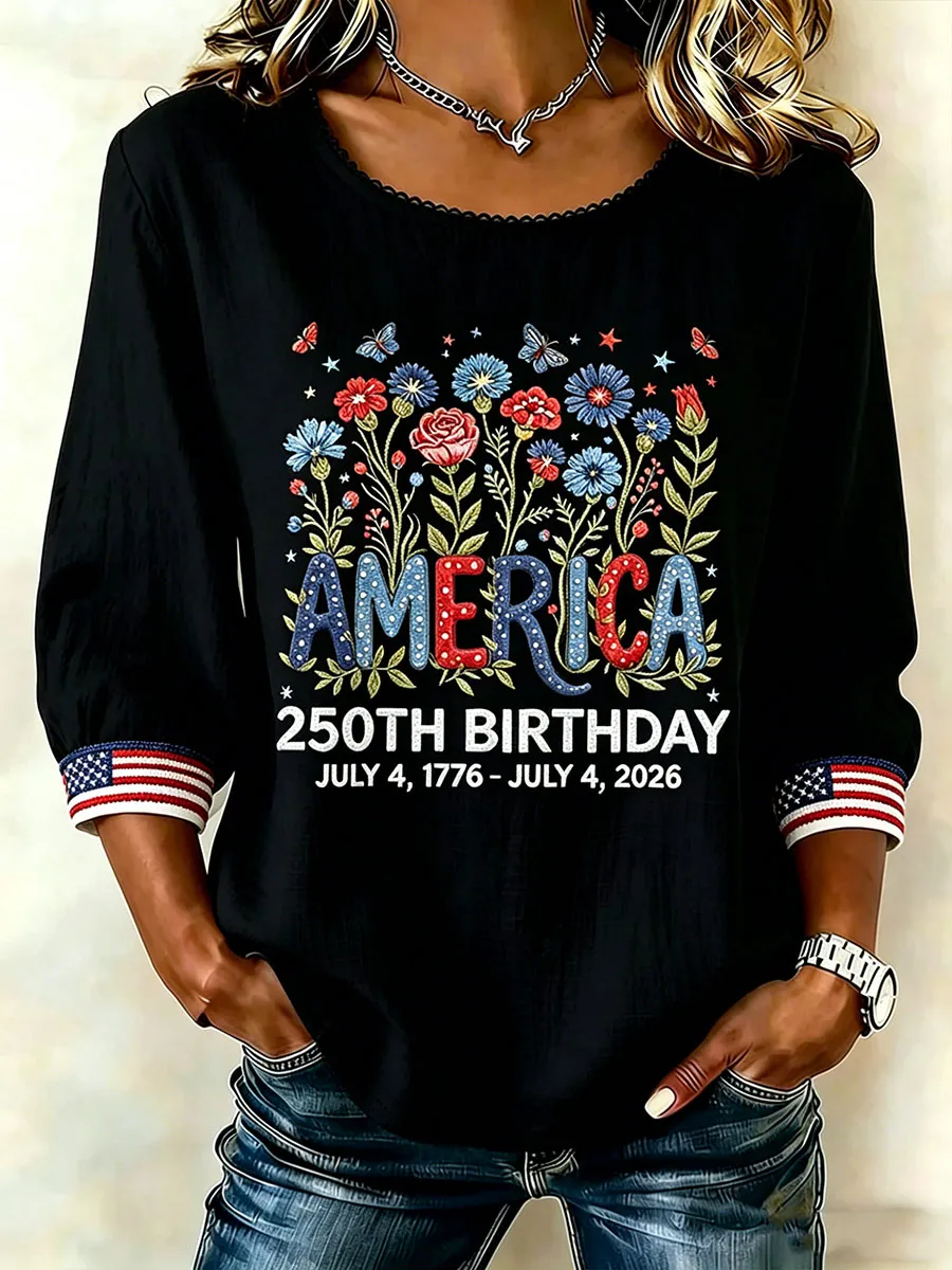 Women Floral Butterfly America 250th Birthday Patriotic 3/4 Sleeve Lace Neck Blouse