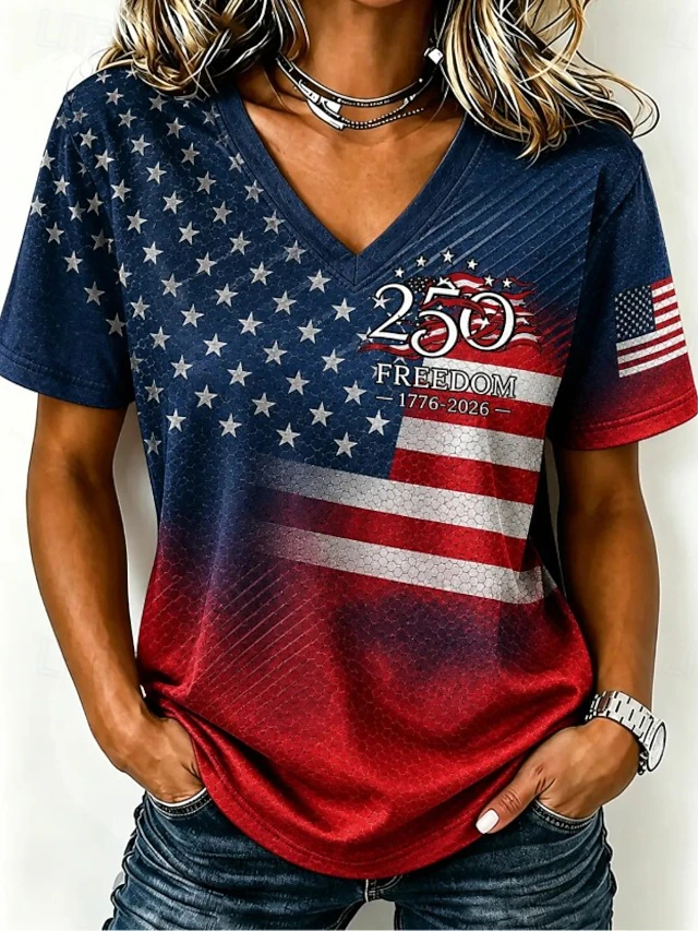 Retro USA Flag Graphic V Neck T Shirt Women Patriotic Short Sleeve Casual Top