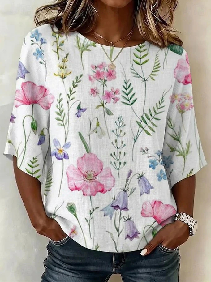 Casual Linen Texture Floral Crew Neck Loose Women Daily Wear Blouse