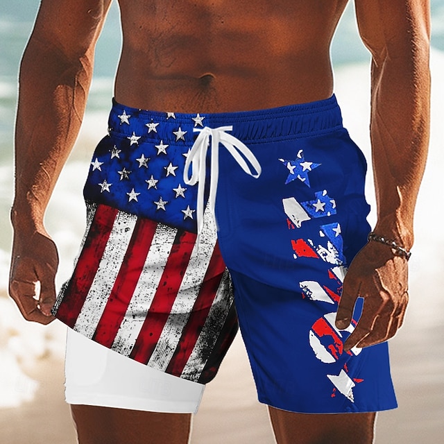 [Copy]Independence Day Men's 4th of July U.S. 250th Anniversary US Flag Patriotic Lined Shorts 2 in 1 Board Shorts