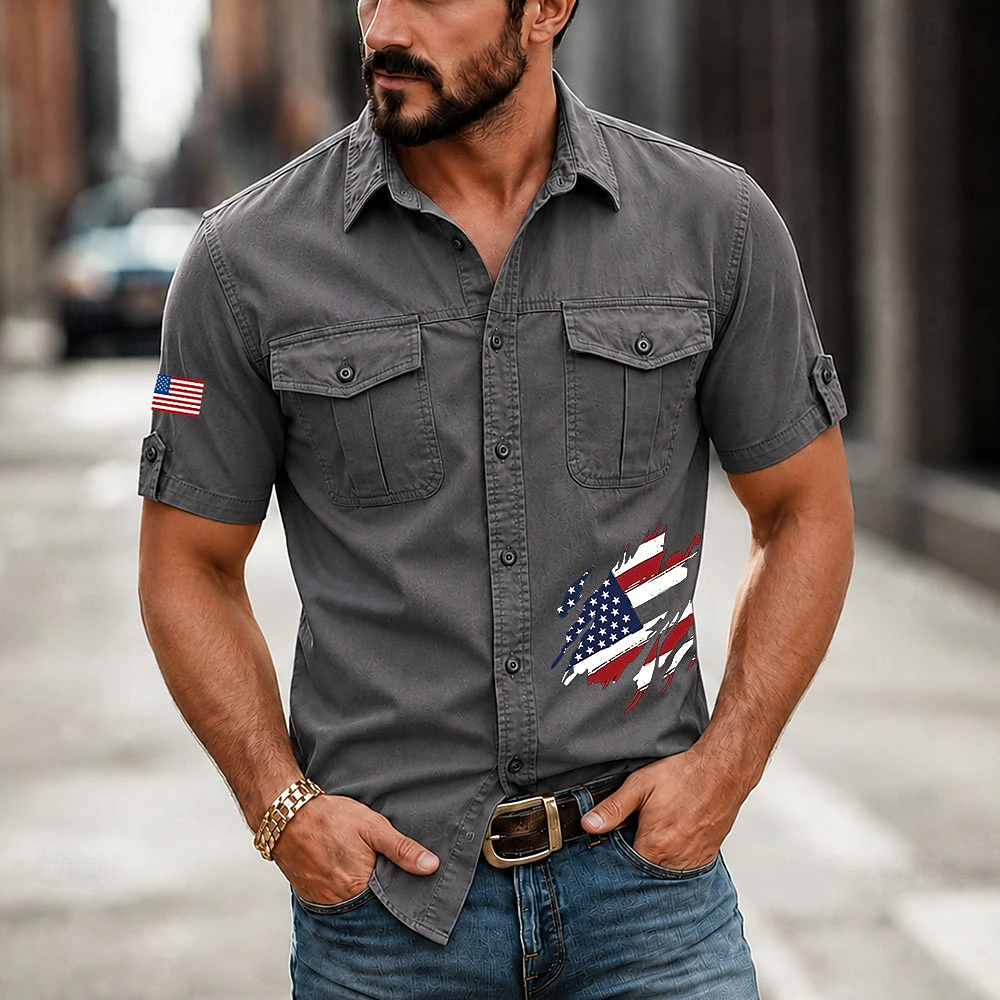 Men Distressed Ripped American Flag Short Sleeve Dual Pocket Cargo Shirt