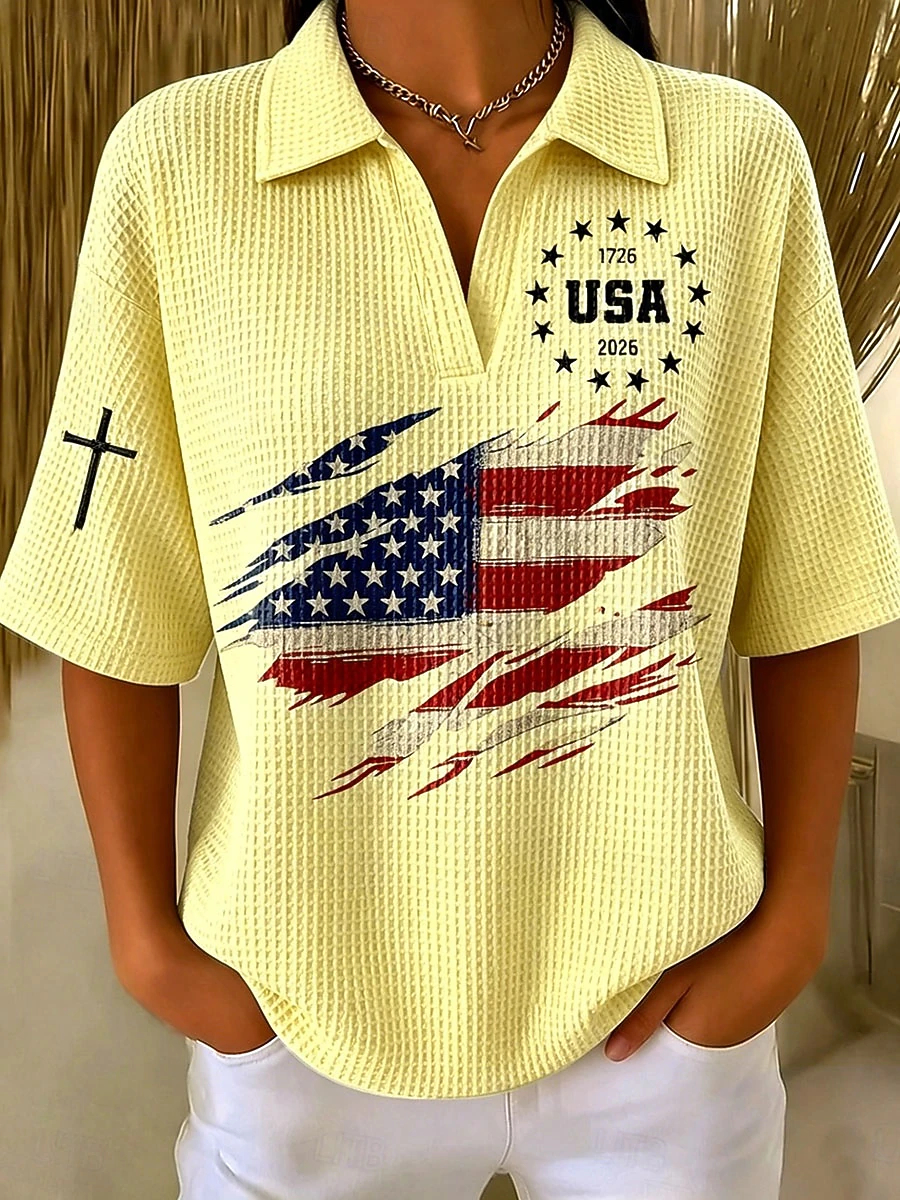 Multi-Color Loose Fit Patriotic Independence Day USA Flag Cross Detail Women Summer Polo Top