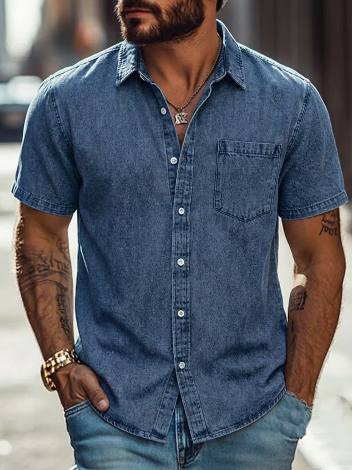 Rugged Washed Casual Denim Shirt With Chest Pocket