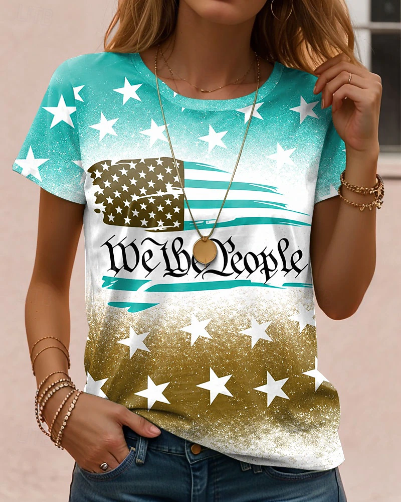 Independence Day Sparkle Gradient Star US Flag Slogan Loose Women Summer T-Shirt