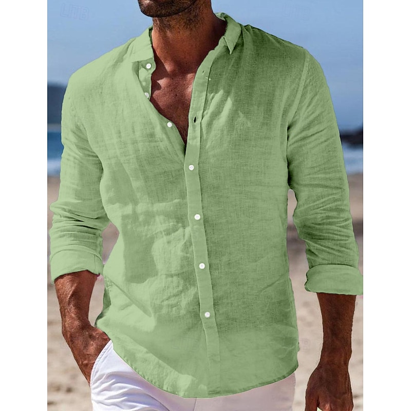 Men's Linen Button-Up Shirt - Summer Beach Casual Shirt