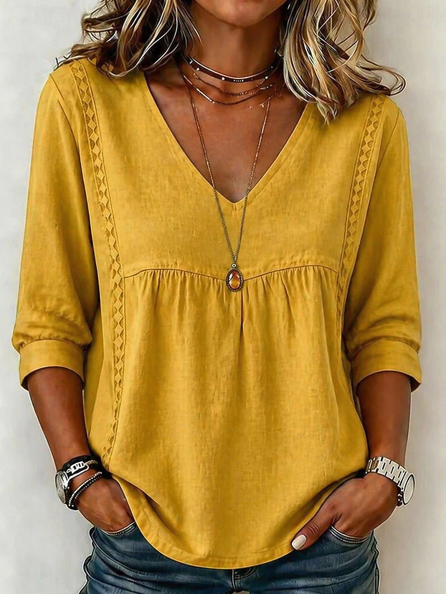 Vintage Boho Loose Fit Babydoll Blouse for Ladies, Lace Panel V Neck 3/4 Cuffed Sleeve Casual Travel Weekend Shirt Tops