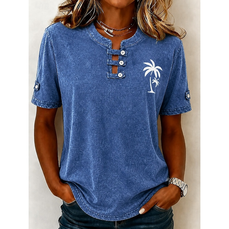 Summer Beach Casual Loose Fit Ladies Distressed Wash Tees, Button Keyhole Neck Palm Graphic Roll Cuff Short Sleeve Shirts