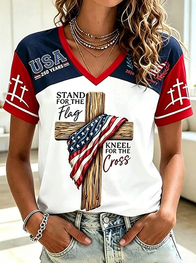 Stand For The Flag Kneel For The Cross Graphic Women Color Block Baseball T
