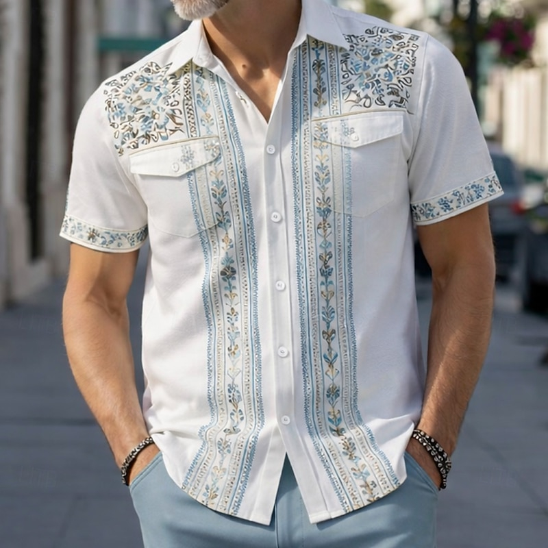 Men Lapel Collar Ethnic Pattern Short Sleeve Button Up Shirts Casual Daily Beach Wear Shirts