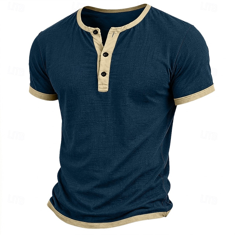Men's Color Block Henley Tee - Designer Patchwork Casual