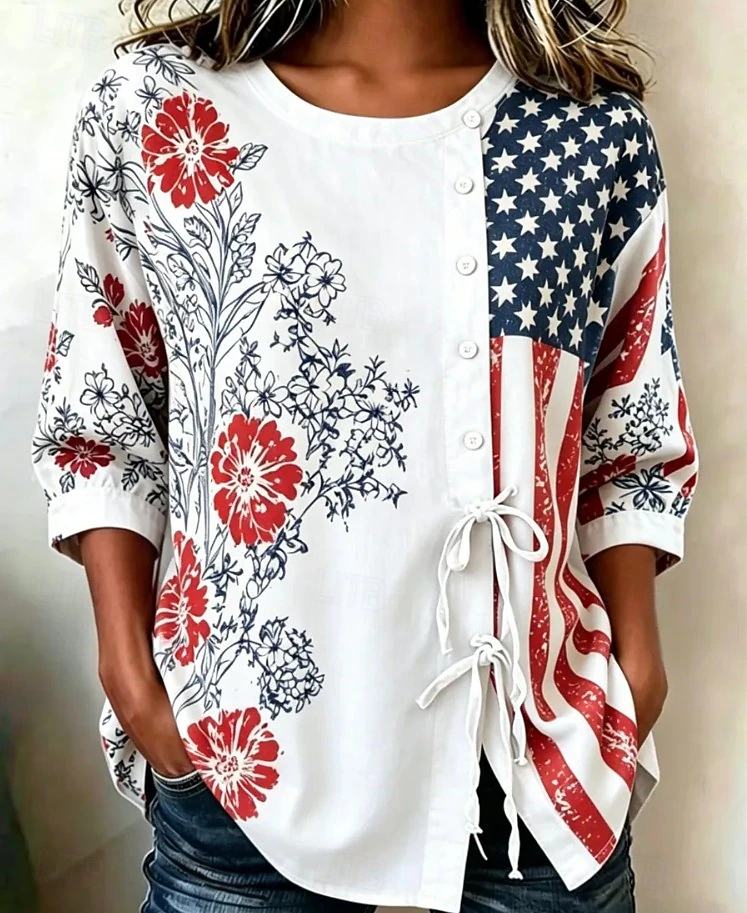 Women Floral Flag Patchwork Round Neck 3/4 Sleeve Side Drawstring Casual Blouse