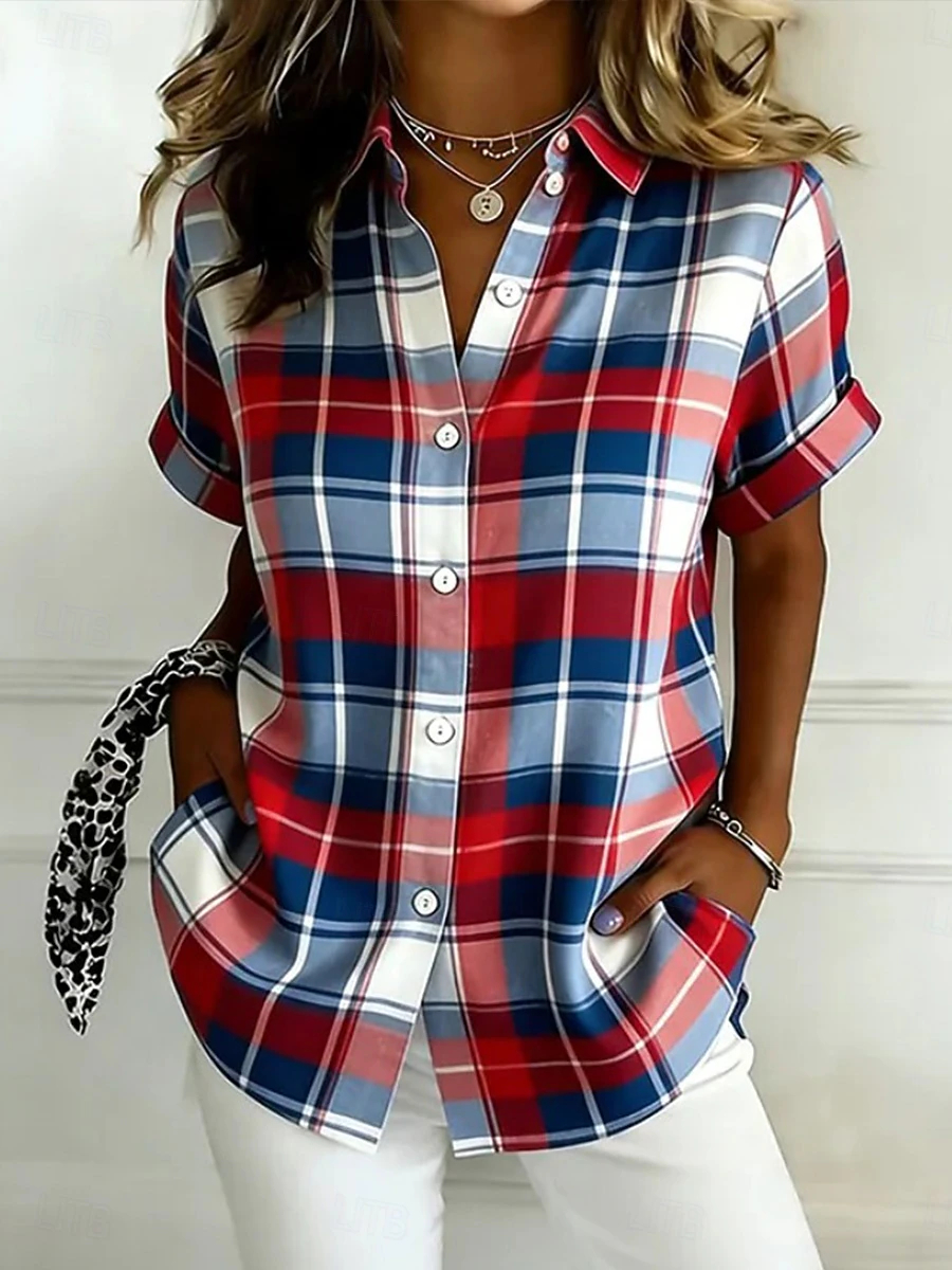 Patriotic Faith Themed Two Pattern Short Sleeve Roll Cuff Pocket Daily Wear Top