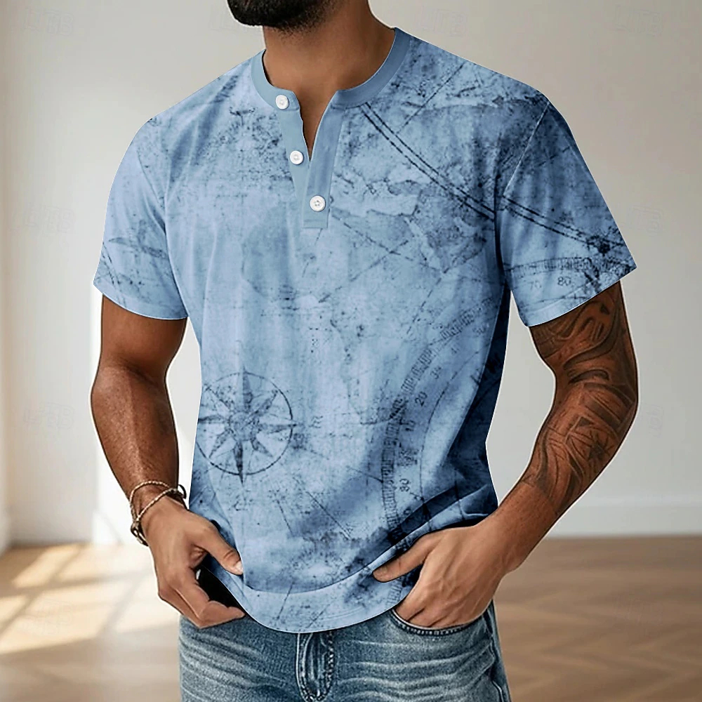 Men Vintage World Map Print Short Sleeve Henley Shirt
